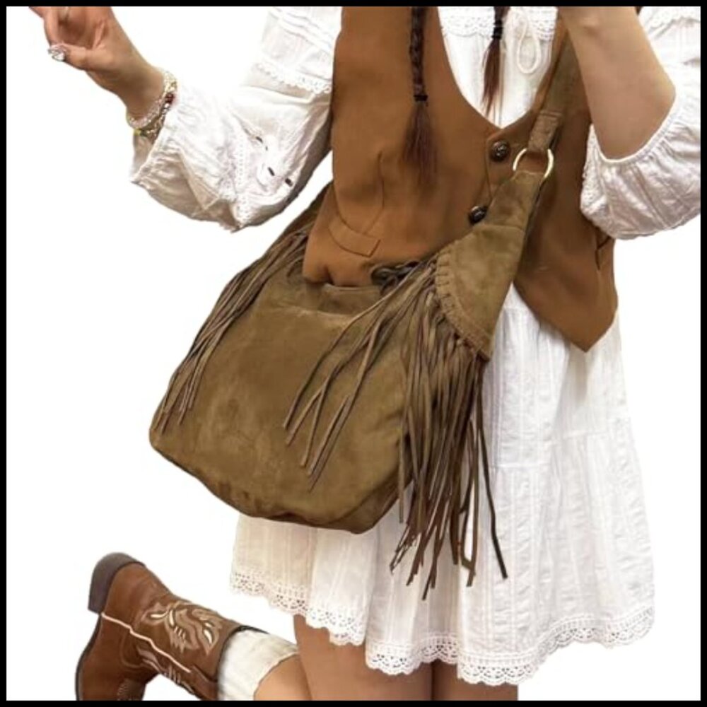 Brown Suede Hobo Purse Vintage Y2K Crossbody Shoulder Bag Fringe Tote - Picture 6 of 7